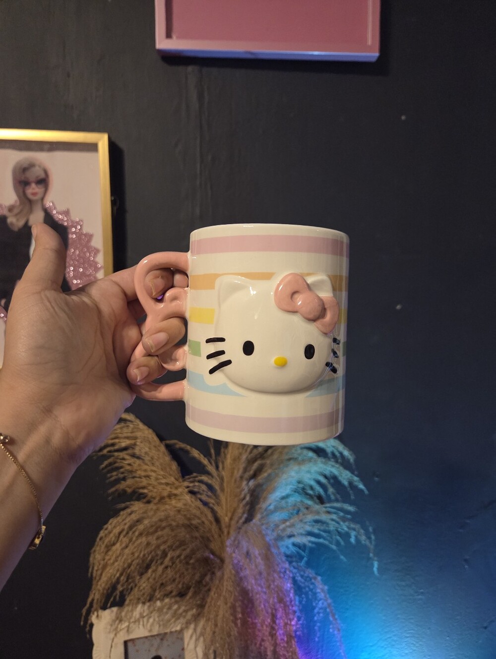 Hello Kitty Pastel Stripe Pink Handle Ceramic Mug